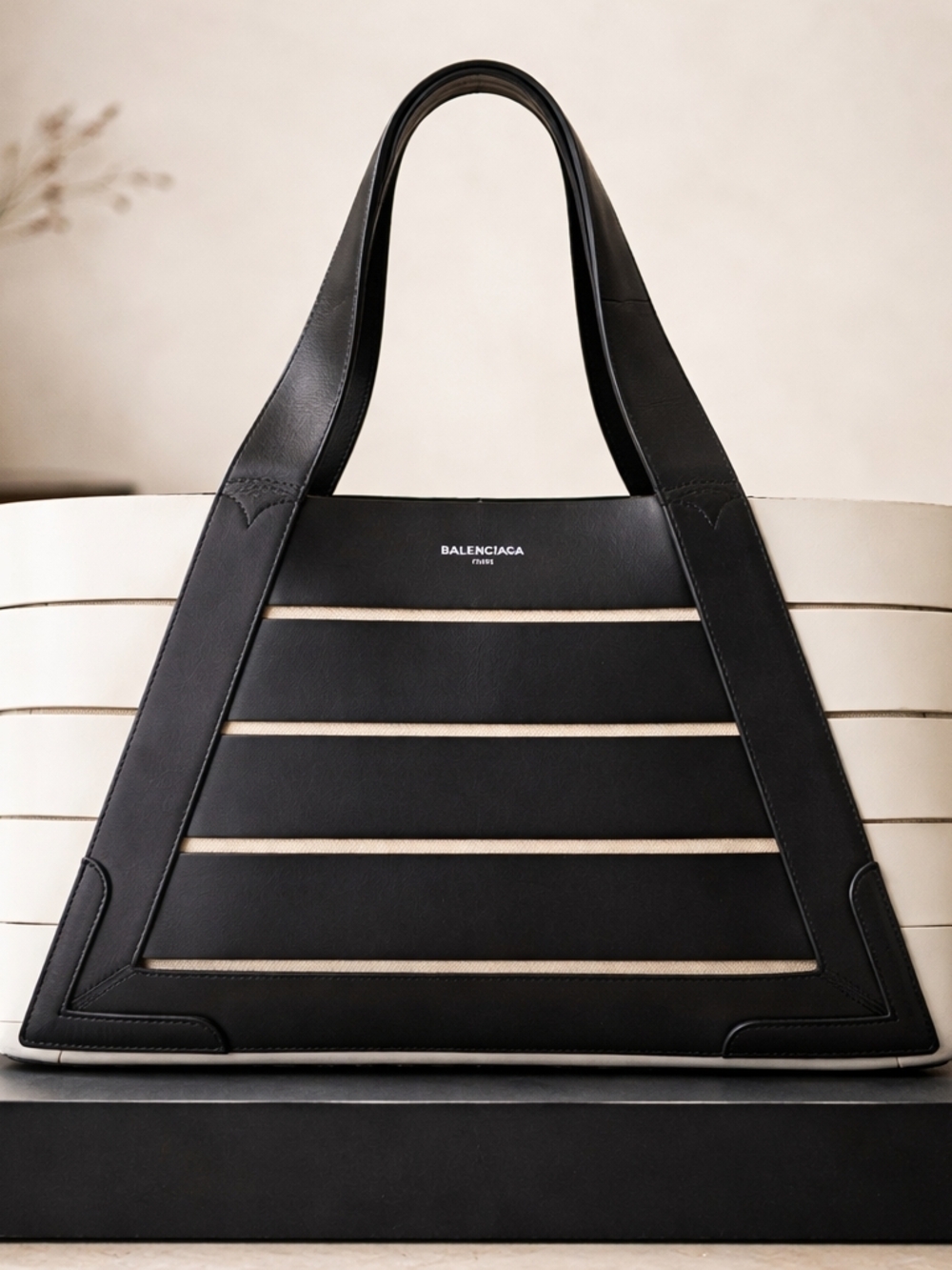 Balenciaga Black and Cream Paneled Triangular Tote